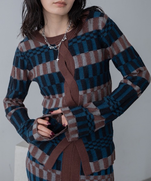 ニット セーター ツイストライン幾何学ブロック柄トップス レディース