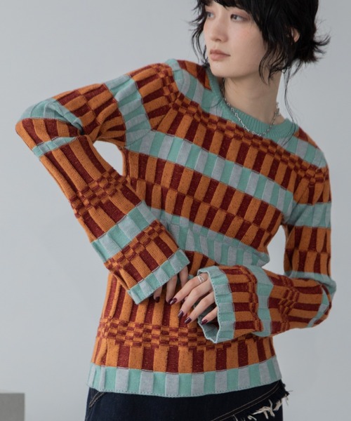 ニット セーター ツイストライン幾何学ブロック柄トップス レディース