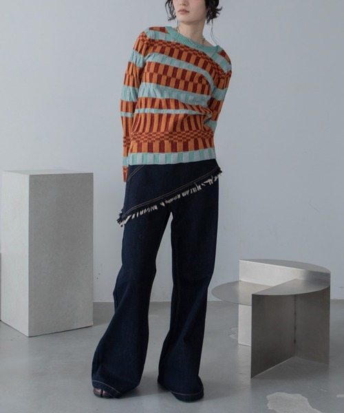 ニット セーター ツイストライン幾何学ブロック柄トップス レディース