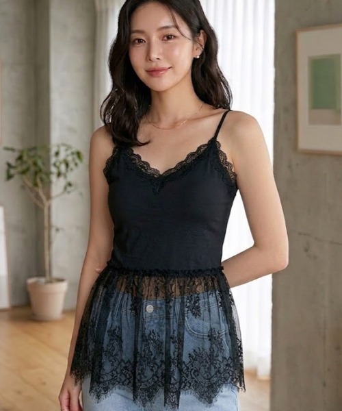 Dryrose レースキャミソール トップス ブラック シズニルック gossip!ロサンゼルス カップ付き キャミソール ウエスト切り替え 裾