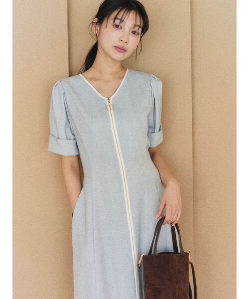 ワンピース フロントジップVネックフレアワンピース 「夏服」「オフィスカジュアル」の画像