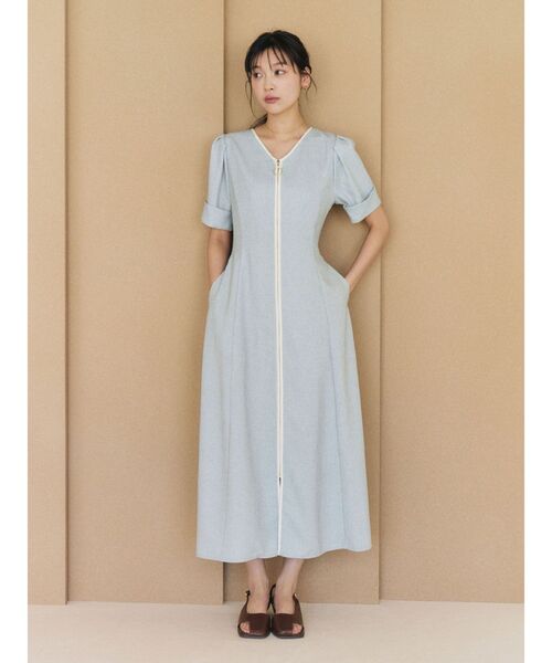 ワンピース フロントジップVネックフレアワンピース 「夏服」「オフィスカジュアル」の画像