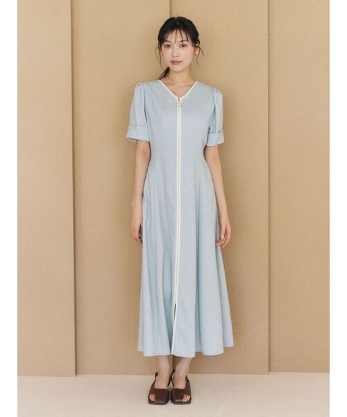 ワンピース フロントジップVネックフレアワンピース 「夏服」「オフィスカジュアル」の画像