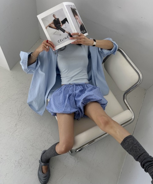 パンツ ストライプバルーンシルエットショートパンツ レディース