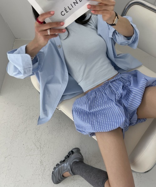 パンツ ストライプバルーンシルエットショートパンツ レディース