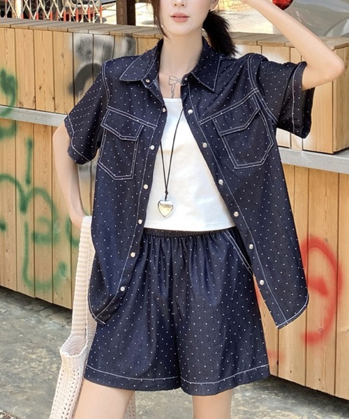 2ly2 セットアップ ドットデニムセットアップ 半袖シャツ×ショート