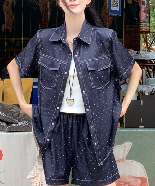 レディース服　半袖トップス まとめ売りボトムス 2ly2 セットアップ ドットデニムセットアップ 半袖シャツ×ショート