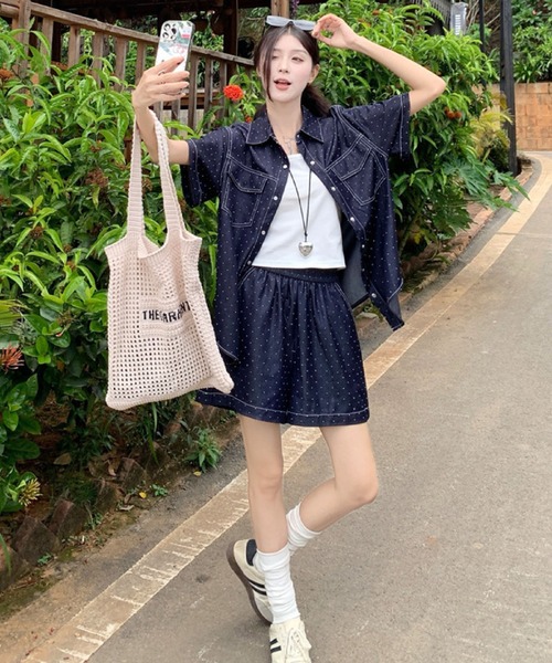 2ly2 セットアップ ドットデニムセットアップ 半袖シャツ×ショート