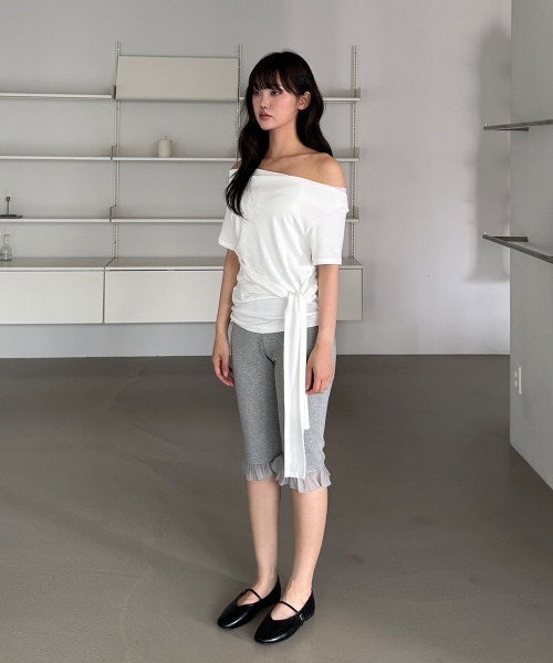 4INT. パンツ フリル リブ編み 7分丈 カプリ レギンス パンツ