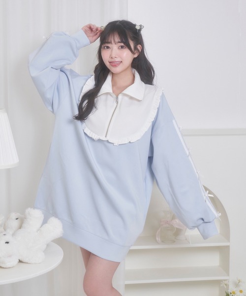 Honey Cinnamon トレーナー スウェット 袖ラインリボンハーフジップ  