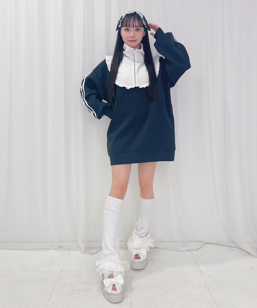 Honey Cinnamon トレーナー スウェット 袖ラインリボンハーフジップ  