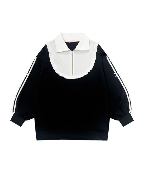 Honey Cinnamon トレーナー スウェット 袖ラインリボンハーフジップ  