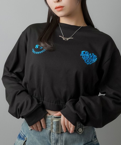 tシャツ スピンロゴリブトップス レディース SPINNS tシャツ Tシャツ ハートバックプリントロゴ ショート丈