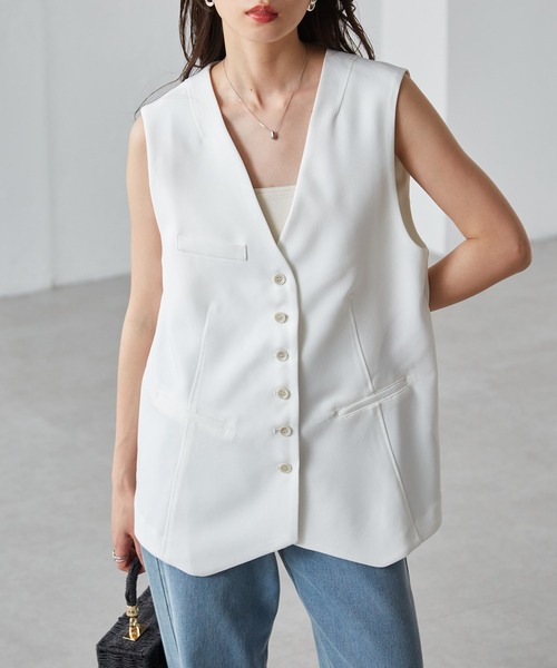 マディソンブルー　リネンベスト　ジレ　シルク混　ネイビー　ボタン DRESS VEST LINEN | JACKET | MADISONBLUE