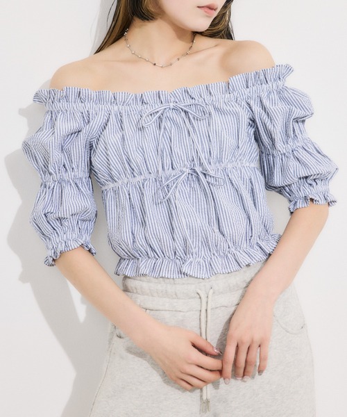 SLY ギャザーリボンブラウス　GATHER RIBBON SLY（スライ） ブラウス シャツ GATHER RIBBON BL ギャザー リボン