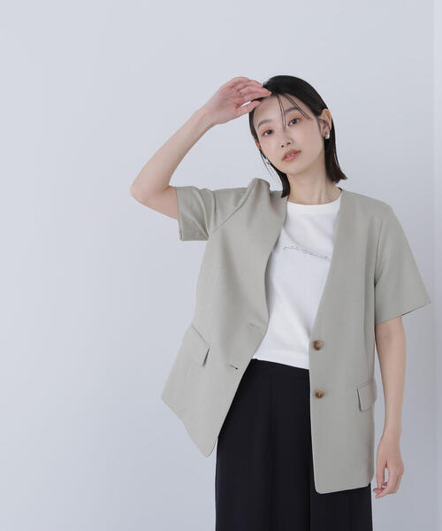 美品　カリテ　リネンライクオーバージャケット　ネイビー　ノーカラー　定価3.9万 金ボタン リネン ライク ブレザー サマージャケット（テーラード