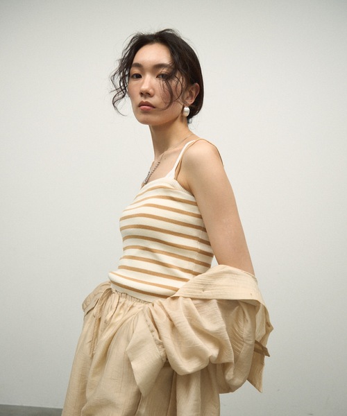 ブラウス シャツ 「3Piece Set」 Striped Knit Crepe Shirt Setup / 「3点セット」涼感ラッシュガードセットア セール】【3Piece Set】 Striped Knit Crepe Shirt Setup / 【3
