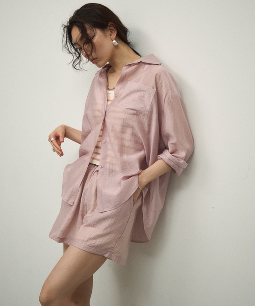 ブラウス シャツ 「3Piece Set」 Striped Knit Crepe Shirt Setup / 「3点セット」涼感ラッシュガードセットア