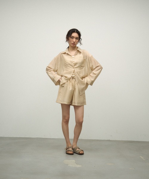 ブラウス シャツ 「3Piece Set」 Striped Knit Crepe Shirt Setup / 「3点セット」涼感ラッシュガードセットア ブラウス シャツ 「3Piece Set」 Striped Knit Crepe Shirt