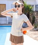 水着 キッズ水着女の子 半袖配色ラインラッシュ...の詳細画像1