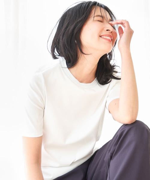 tシャツ ラメ入りネックデザインTシャツ/接触冷感/洗える レディース