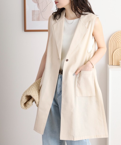 ベスト ジレ BRODIAEA 麻混ロングテーラードジレ レディース