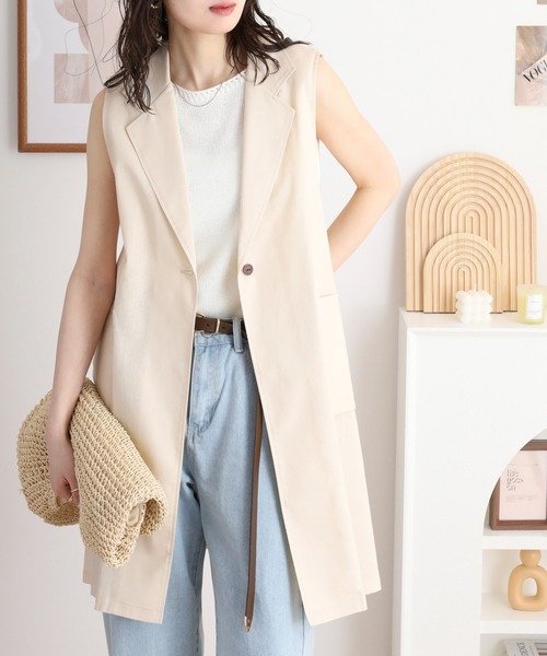 専用ジレ ベスト ジレ BRODIAEA 麻混ロングテーラードジレ レディース
