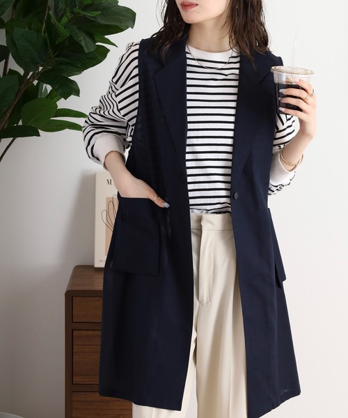 ベスト ジレ BRODIAEA 麻混ロングテーラードジレ レディース