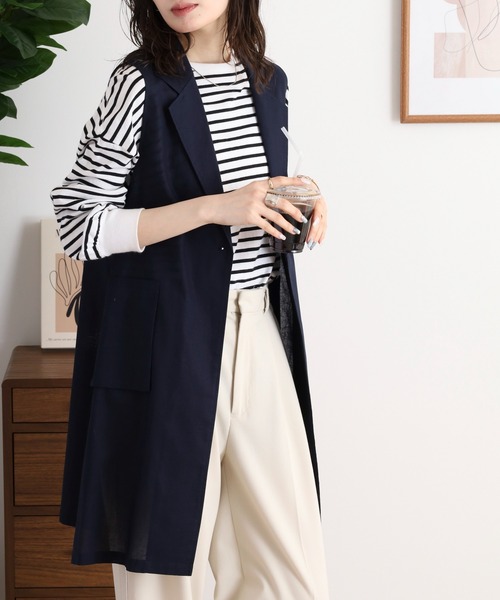 ベスト ジレ BRODIAEA 麻混ロングテーラードジレ レディース