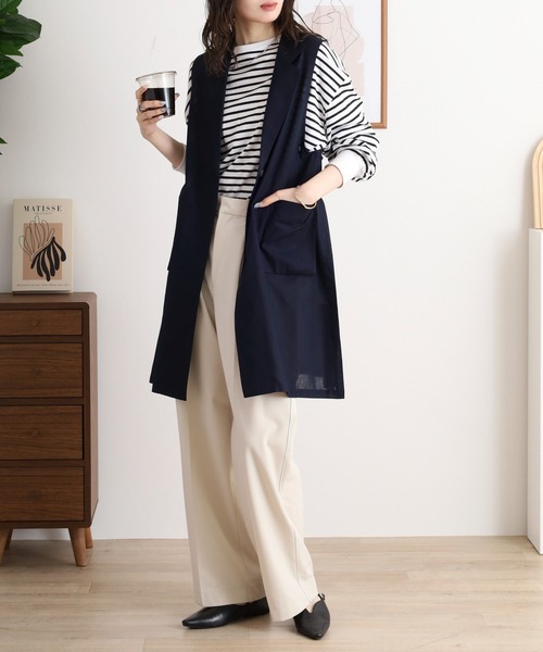 ベスト ジレ BRODIAEA 麻混ロングテーラードジレ レディース