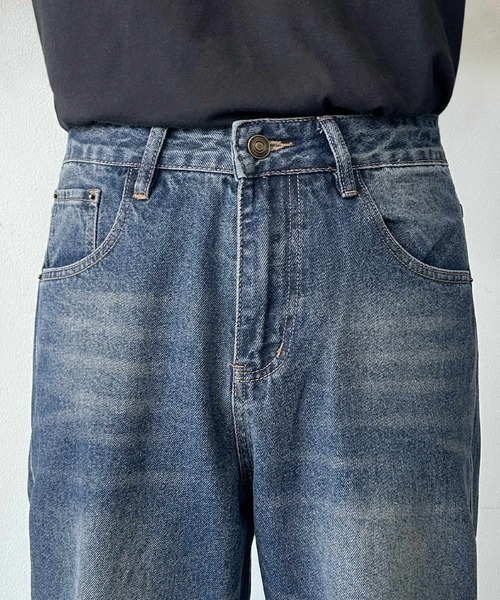 LOWO ワイドパンツ ジーンズ ウォッシュド加工ハイウエストワイド 