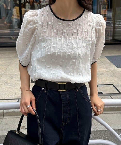 Fredy emueレディース7分袖Mサイズ fredy emue ブラウス シャツ シアージャガードパイピング半袖