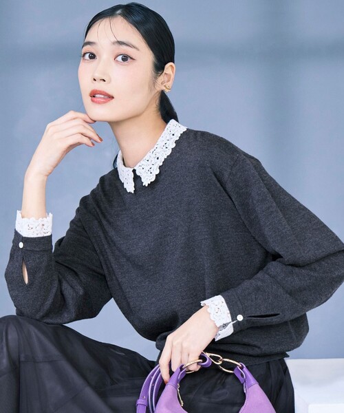 ニット セーター 「洗える」エンブロイダリー フラワーレースコンビ