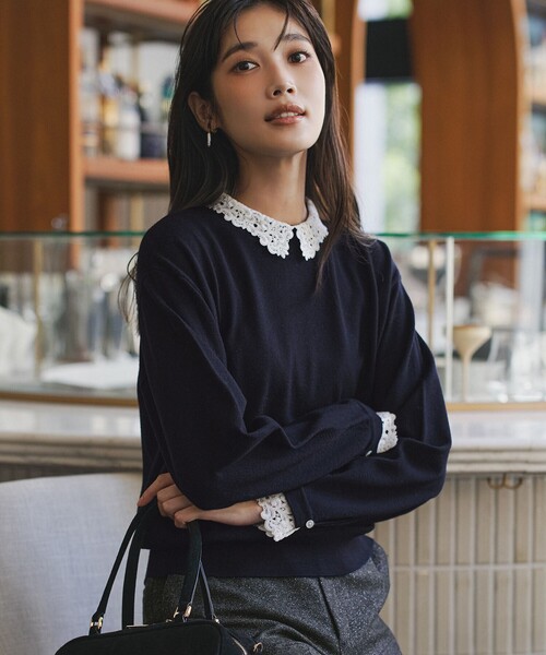 ニット セーター 「洗える」エンブロイダリー フラワーレースコンビ