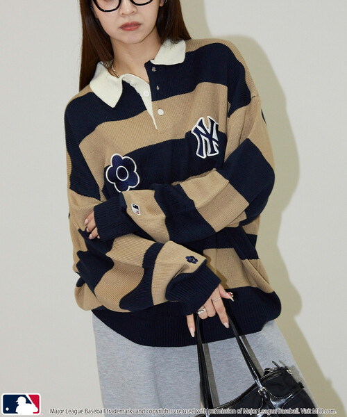 マリークワント　4ペタルレトロジャガードニット　黒 セール】MLB × MARY QUANT × PUBLUX/エムエルビー × マリークワント