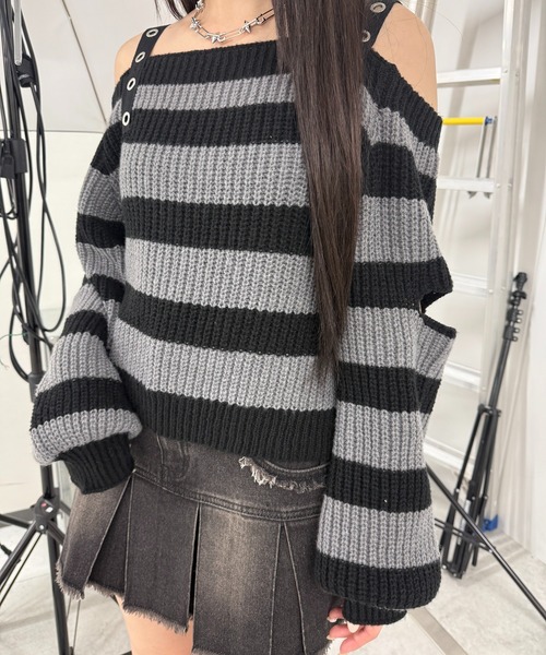 「yyyyy7様お取引中］yori パフショル ボーダーニット ニット セーター ストラップベルトオフショルボーダーニット