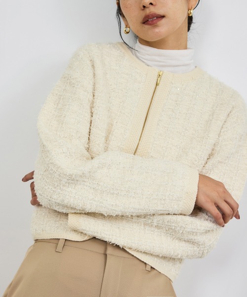 ROPE'（ロペ） カーディガン ツイードZIPノーカラーカーディガン