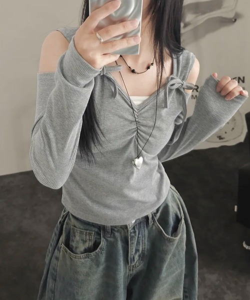 LADY LIKE（レディライク） tシャツ ショルダーリボン肩見せトップス