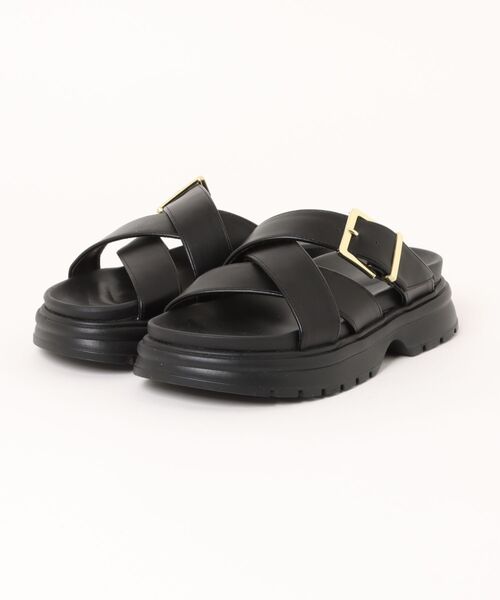 美品~ブラックサンダル ゴールドダブルバックル　36 minia（ミニア） 厚底 サンダル 夏 こなれ感抜群「ゴールドバックルの