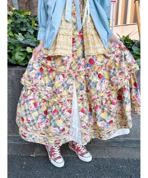 ワンピース フラワーチェックプリントノースリーブワンピースの画像