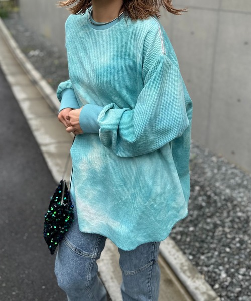 herneon タイダイワッフルT mi via loca tシャツ ワッフルタイダイ配色ステッチロンT レディース