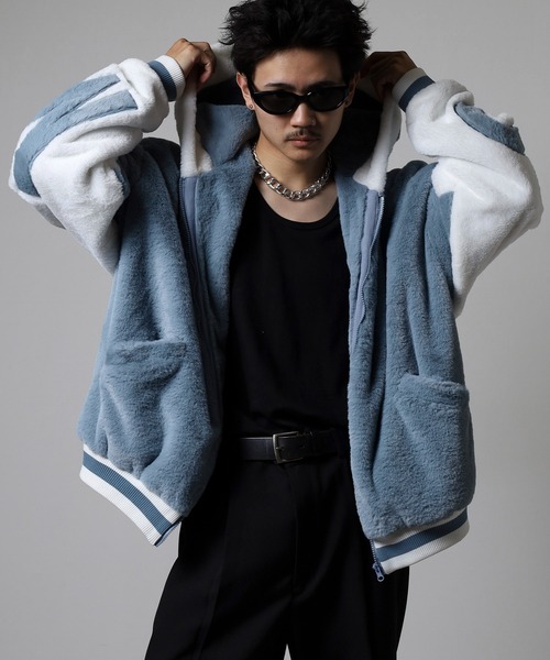 RE730 ブルゾン アウター Eco fur big logo hood blouson / エコファー