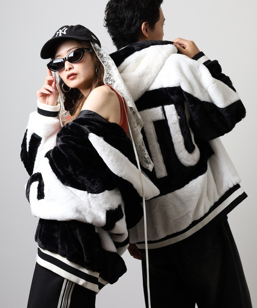 RE730 ブルゾン アウター Eco fur big logo hood blouson / エコファー