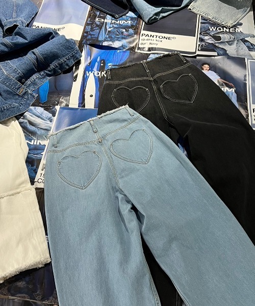 パンツ デニム ジーンズ ハートポケットステッチワイドジーンズ 