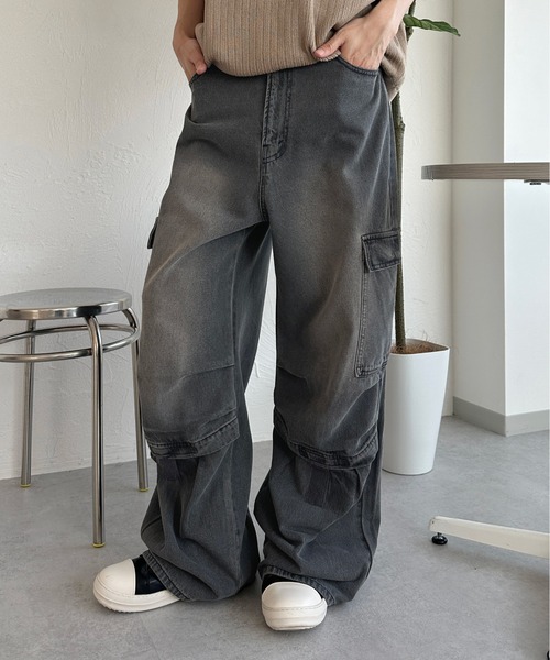 ダークグレー カーゴデニムパンツ ジーンズ タックカーゴデニムパンツ メンズ レディース