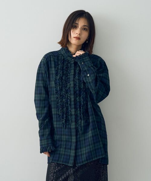 ブラウス シャツ チェック柄フリルデザインロングシャツ レディース