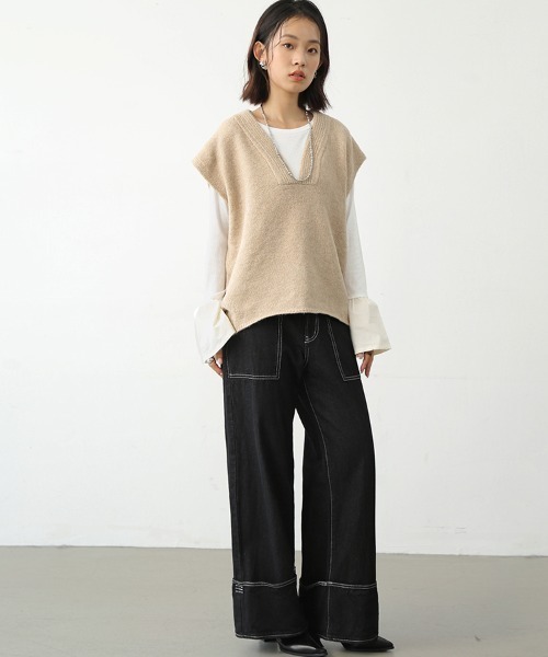 ◆Self-portrait◆デニムトップ ワイドレッグジーンズ セット ステッチ入りワイドレッグジーンズ - ブルー | ZARA Japan / 日本