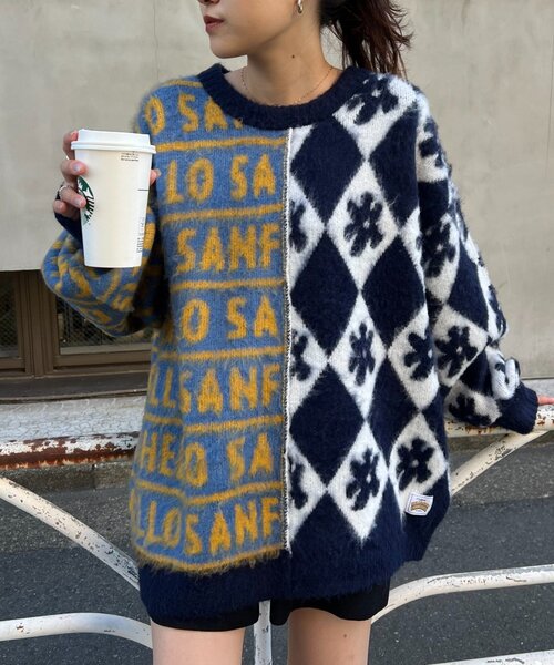 ニット セーター 「HELLO.SANFRANCISCO」柄ドッキング起毛ニット レディース
