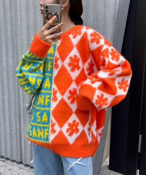 ニット セーター 「HELLO.SANFRANCISCO」柄ドッキング起毛ニット レディース HELLO.SANFRANCISCO ニット セーター 「HELLO.SANFRANCISCO」柄