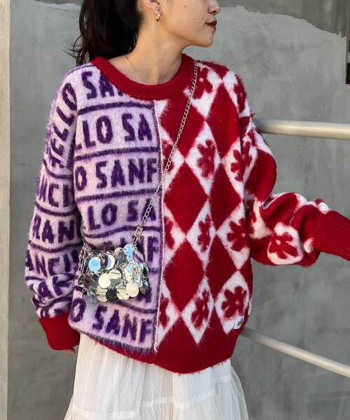 ニット セーター 「HELLO.SANFRANCISCO」柄ドッキング起毛ニット レディース HELLO.SANFRANCISCO ニット セーター 「HELLO.SANFRANCISCO」柄